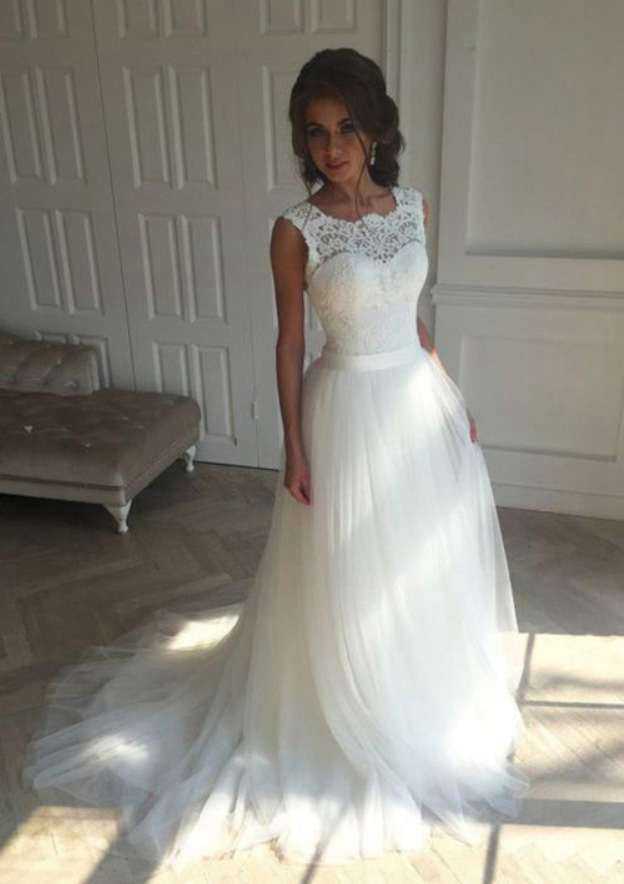Classic Bateau Neckline Tulle A-Line Wedding Dress with Lace Detail BM bride
