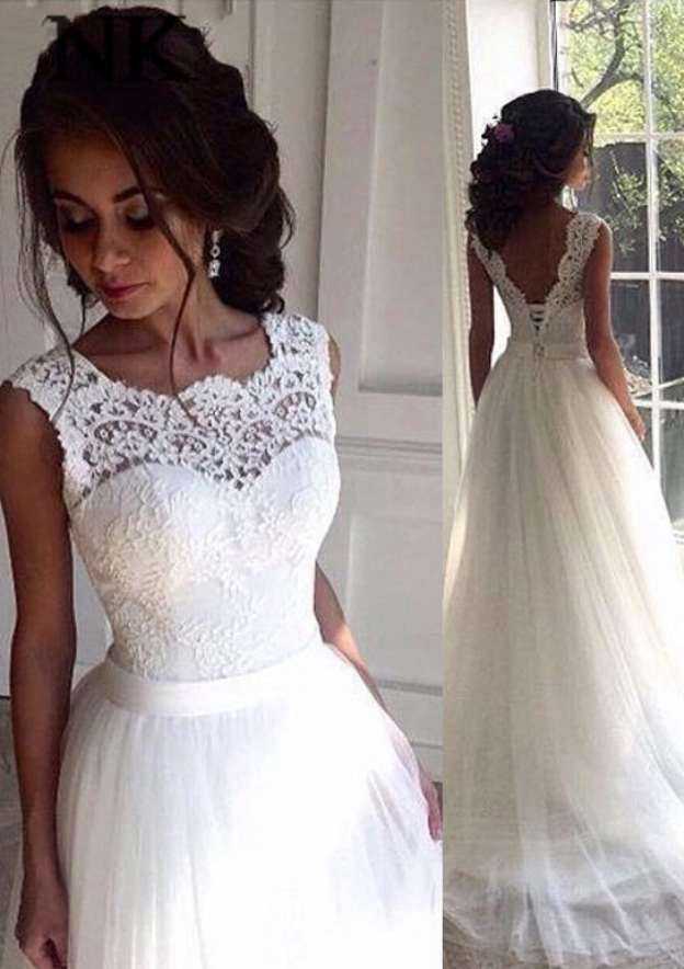 Classic Bateau Neckline Tulle A-Line Wedding Dress with Lace Detail BM bride