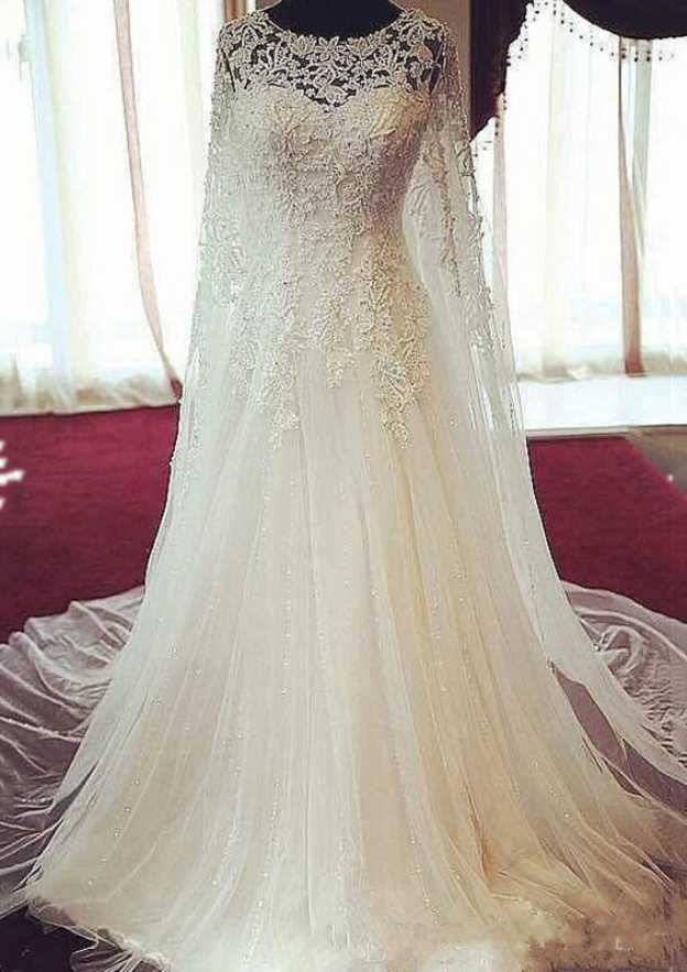 Beaded Bateau Tulle A-Line/Princess Wedding Dress with Court Train BM bride