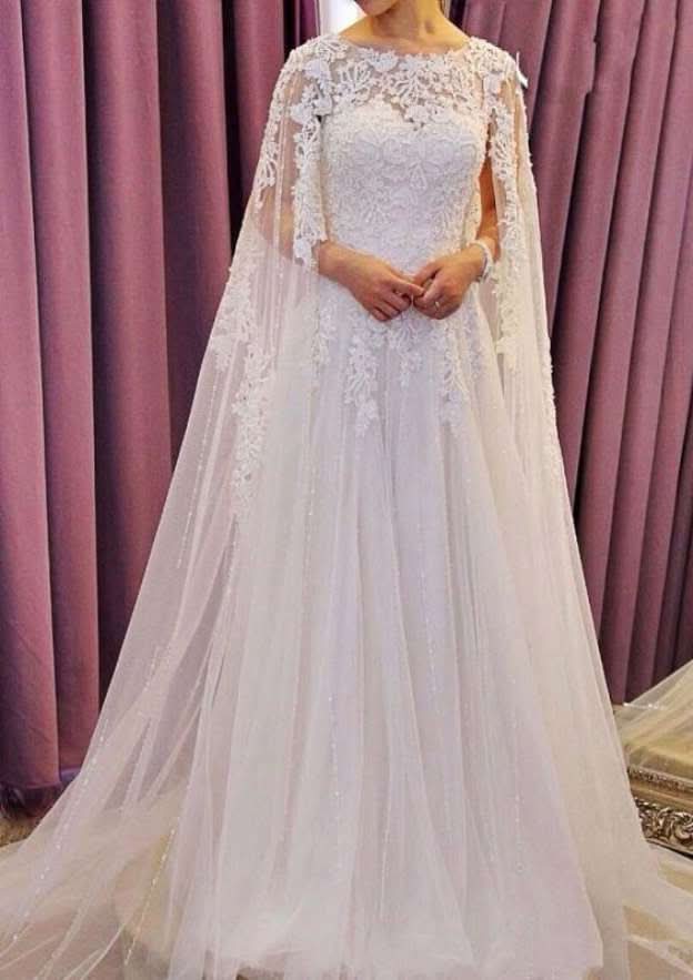 Beaded Bateau Tulle A-Line/Princess Wedding Dress with Court Train BM bride