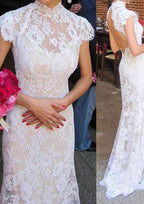High-Neck Sleeveless Trumpet/Mermaid Wedding Dress with Appliqued Details and Sweep Train BM bride