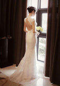 High-Neck Sleeveless Trumpet/Mermaid Wedding Dress with Appliqued Details and Sweep Train BM bride