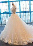 Sophisticated Beaded Bateau Lace A-Line Wedding Dress with Court Train BM bride