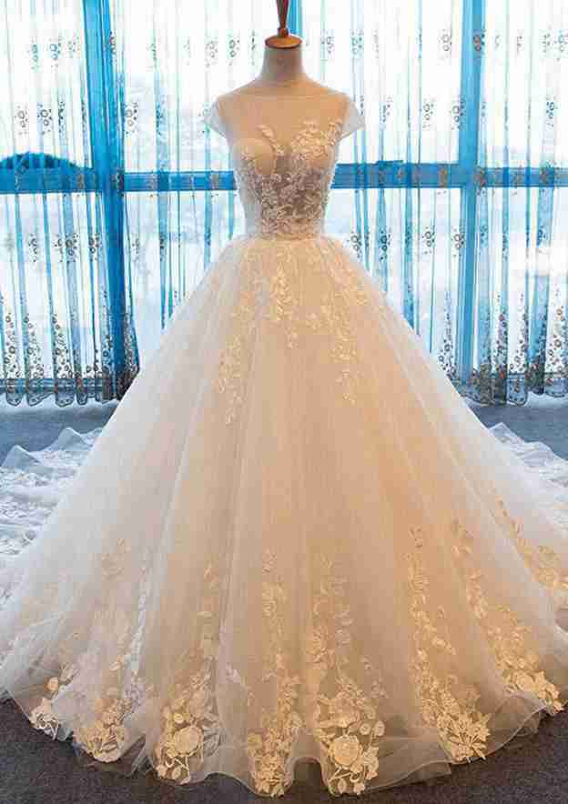 Sophisticated Beaded Bateau Lace A-Line Wedding Dress with Court Train BM bride