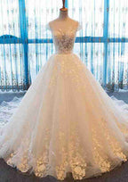 Sophisticated Beaded Bateau Lace A-Line Wedding Dress with Court Train BM bride