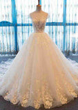 Sophisticated Beaded Bateau Lace A-Line Wedding Dress with Court Train BM bride