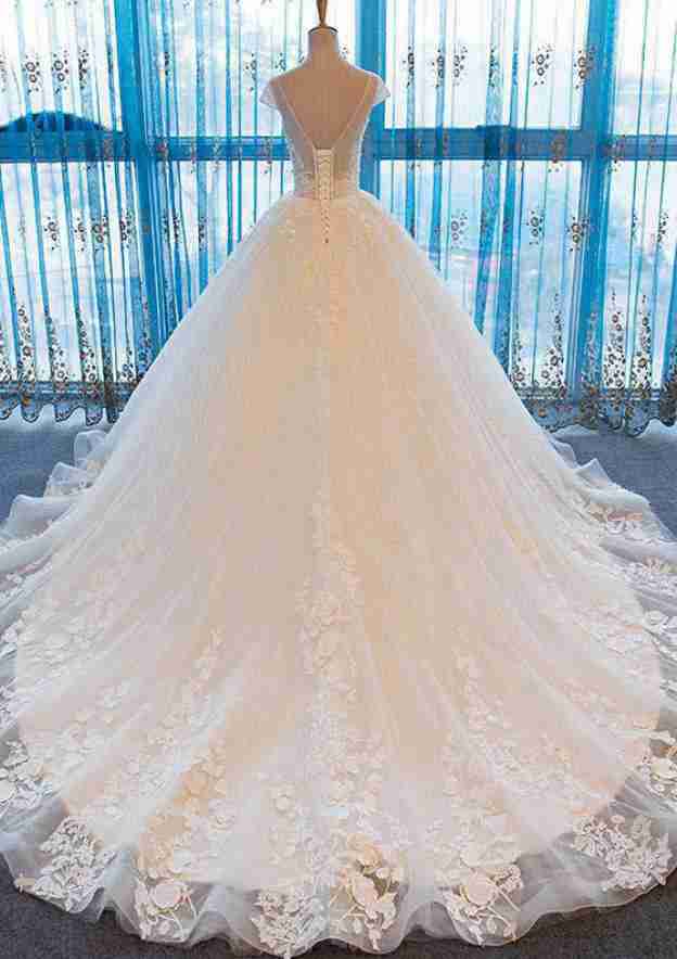 Sophisticated Beaded Bateau Lace A-Line Wedding Dress with Court Train BM bride