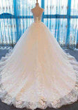 Sophisticated Beaded Bateau Lace A-Line Wedding Dress with Court Train BM bride