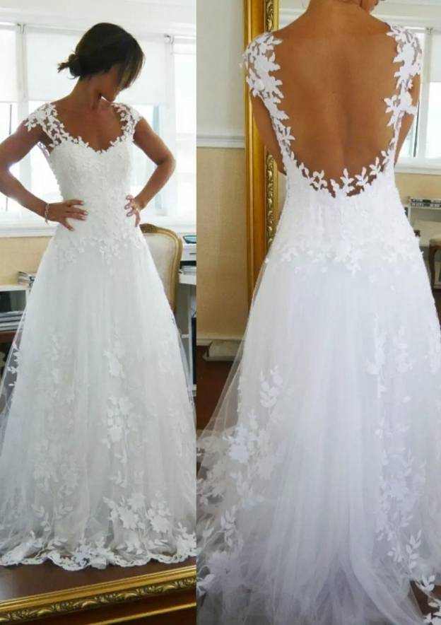 Charming A-Line/Princess V-Neck Sleeveless Tulle Wedding Dress: Sweep Train with Applique Details BM bride