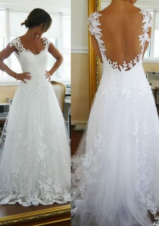 Charming A-Line/Princess V-Neck Sleeveless Tulle Wedding Dress: Sweep Train with Appliqued Details BM bride