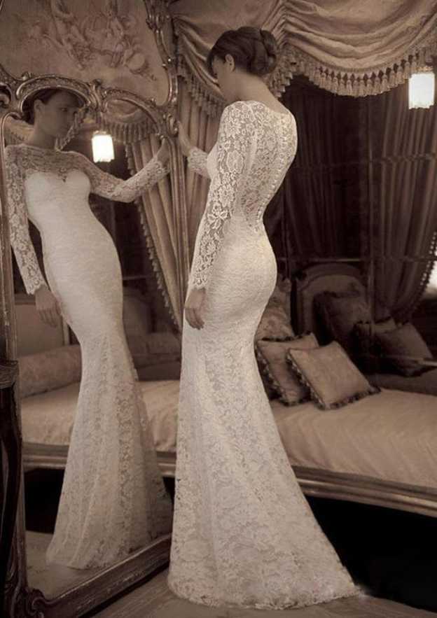 Sophisticated Trumpet/Mermaid Bateau Wedding Dress: Full Long Sleeve with Sweep Train in Lace BM bride
