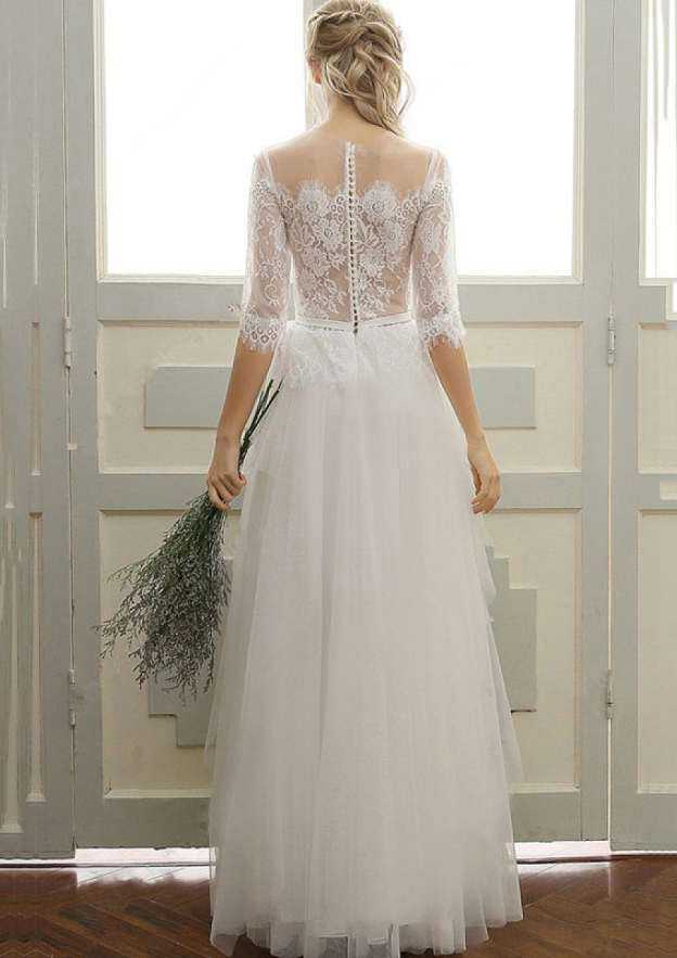 Lace Bateau Tulle A-Line/Princess Wedding Dress with Long/Floor-Length Skirt BM bride