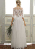 Lace Bateau Tulle A-Line/Princess Wedding Dress with Long/Floor-Length Skirt BM bride