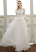 Lace Bateau Tulle A-Line/Princess Wedding Dress with Long/Floor-Length Skirt BM bride