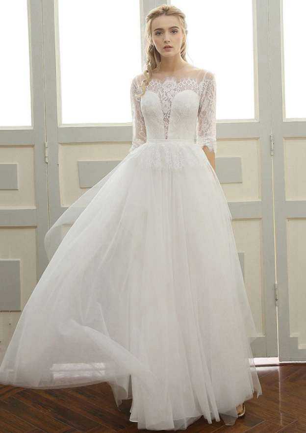 Lace Bateau Tulle A-Line/Princess Wedding Dress with Long/Floor-Length Skirt BM bride