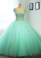 Elegant V-Neck Court Train Tulle Wedding Dress with Beaded Details in Ball Gown Style BM bride