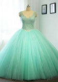 Elegant V-Neck Court Train Tulle Wedding Dress with Beaded Details in Ball Gown Style BM bride