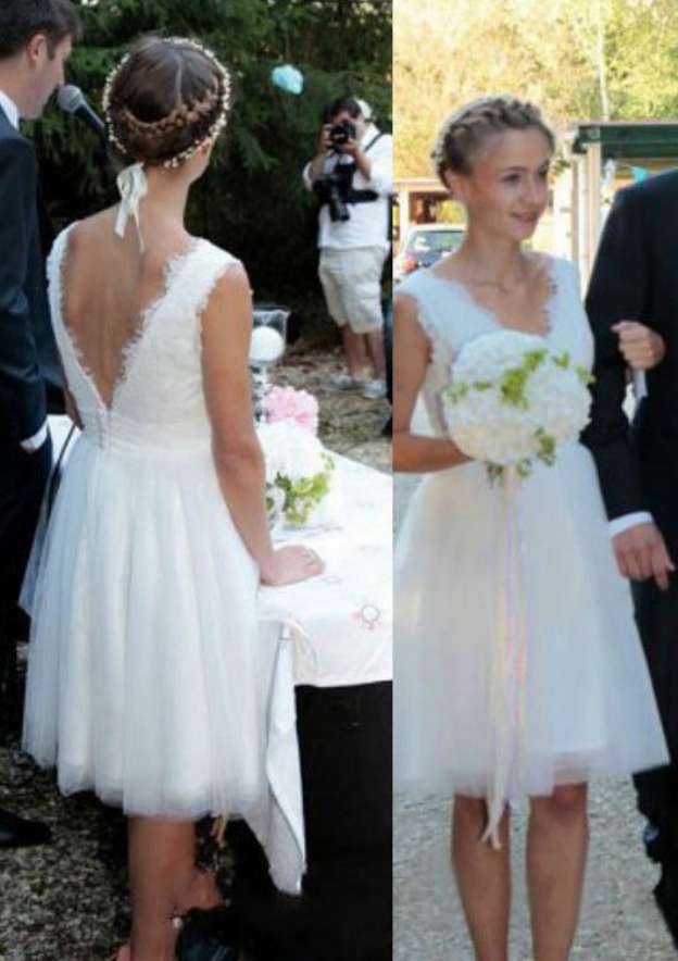 Refined Knee-Length Tulle Wedding Dress with Pleated Details and V-Neck in A-Line/Princess Design BM bride