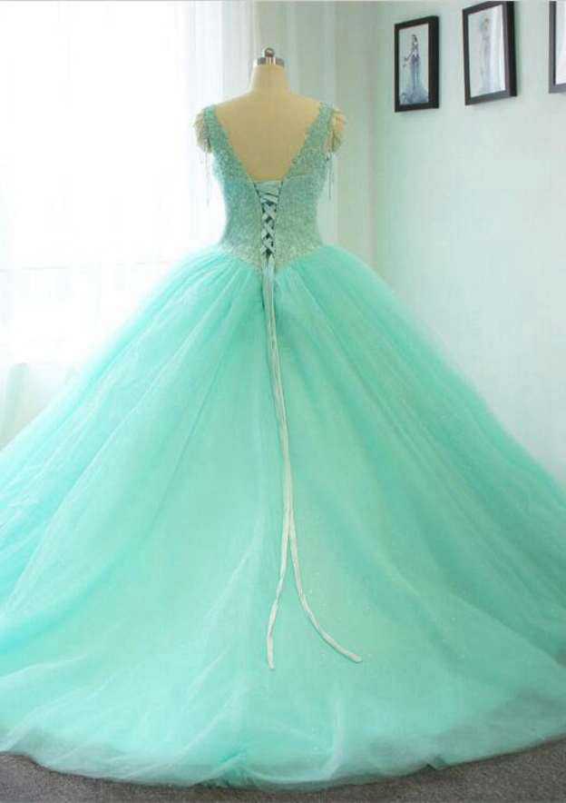 Elegant V-Neck Court Train Tulle Wedding Dress with Beaded Details in Ball Gown Style BM bride