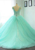 Elegant V-Neck Court Train Tulle Wedding Dress with Beaded Details in Ball Gown Style BM bride