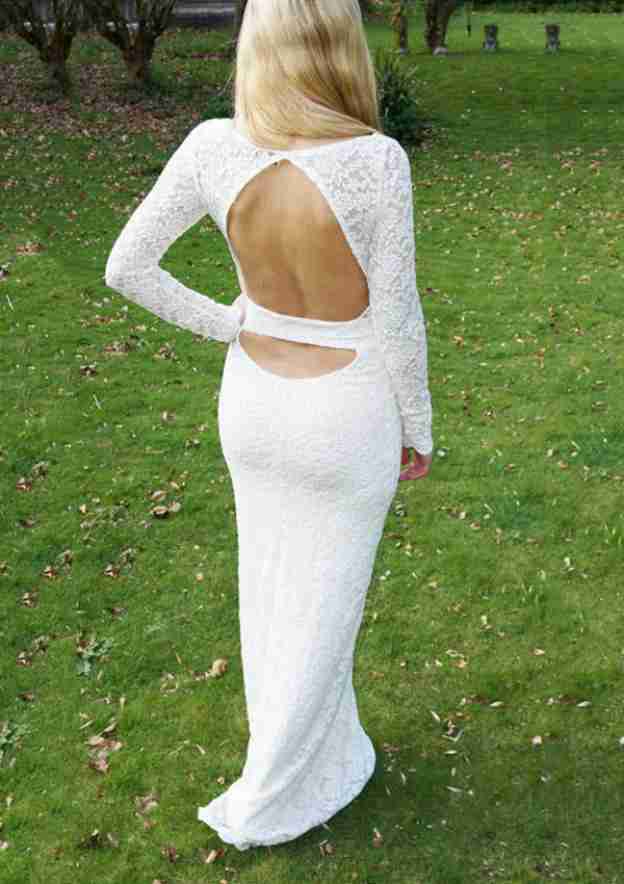 Graceful Bateau Long/Floor-Length Lace Wedding Dress in Sheath/Column Design BM bride