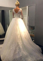 Luxurious Ball Gown Scalloped Neck Wedding Dress with Full Sleeves, Court Train, and Applique Lace BM bride