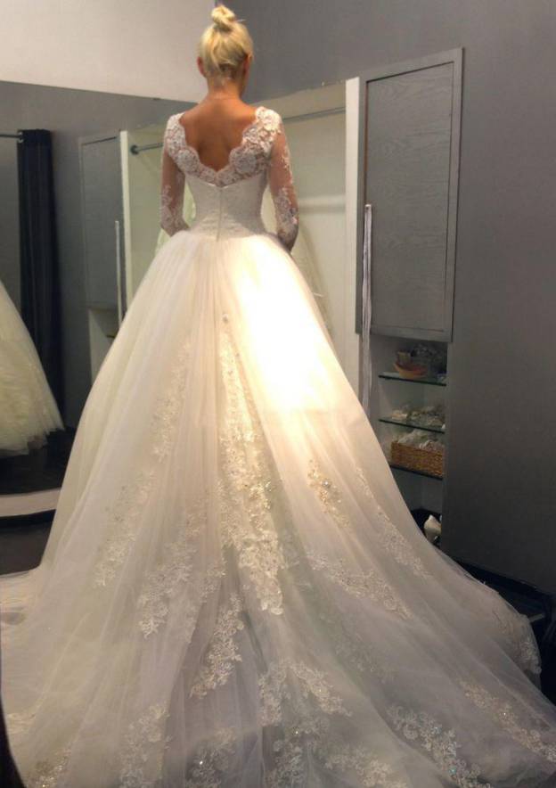 Luxurious Ball Gown Scalloped Neck Wedding Dress with Full Sleeves, Court Train, and Appliqued Lace BM bride