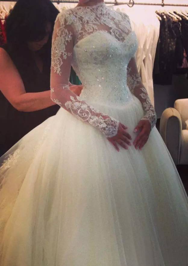 Luxurious Ball Gown Scalloped Neck Wedding Dress with Full Sleeves, Court Train, and Appliqued Lace BM bride
