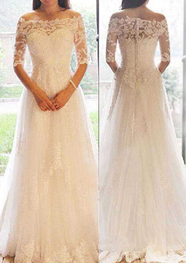 Timeless Lace A-Line Wedding Dress with Off-the-Shoulder Neckline and Pleated Detail BM bride