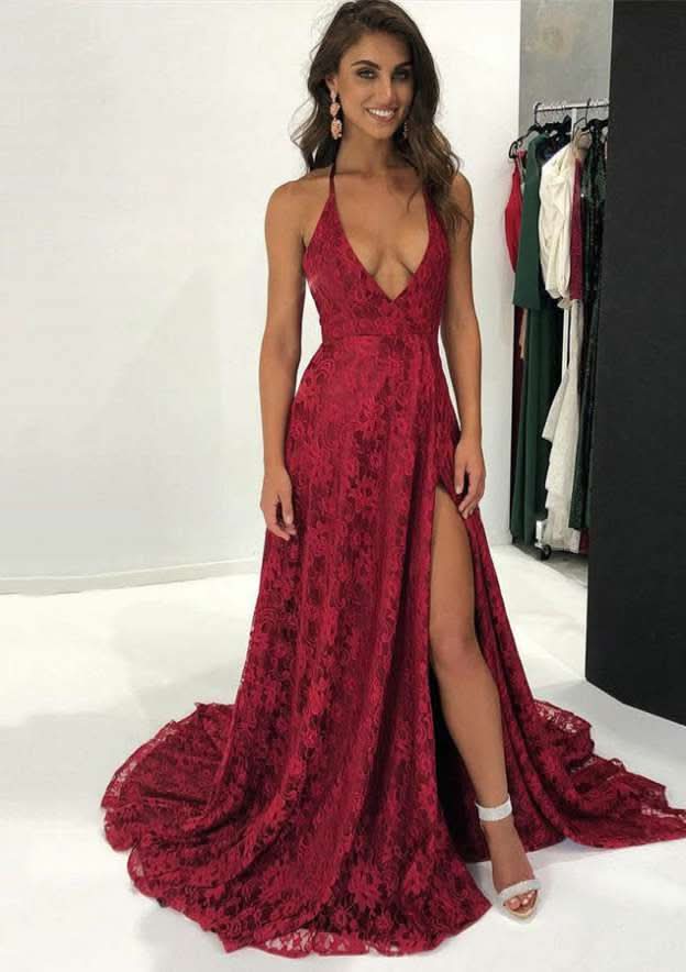 Elegant A-Line Halter Sleeveless Court Train Lace Evening Dress With Split BM bride