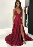 Elegant A-Line Halter Sleeveless Court Train Lace Evening Dress With Split BM bride