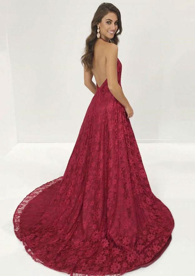 Elegant A-Line Halter Sleeveless Court Train Lace Evening Dress With Split BM bride