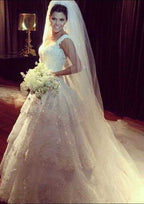 Beaded Sleeveless Ball Gown Wedding Dress with Court Train in Tulle BM bride