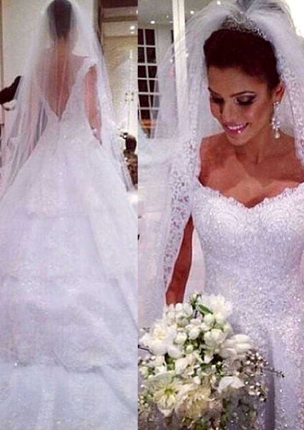 Beaded Sleeveless Ball Gown Wedding Dress with Court Train in Tulle BM bride