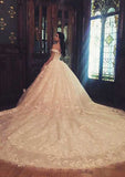 Beaded Off-The-Shoulder Lace A-Line/Princess Wedding Dress with Cathedral Train BM bride