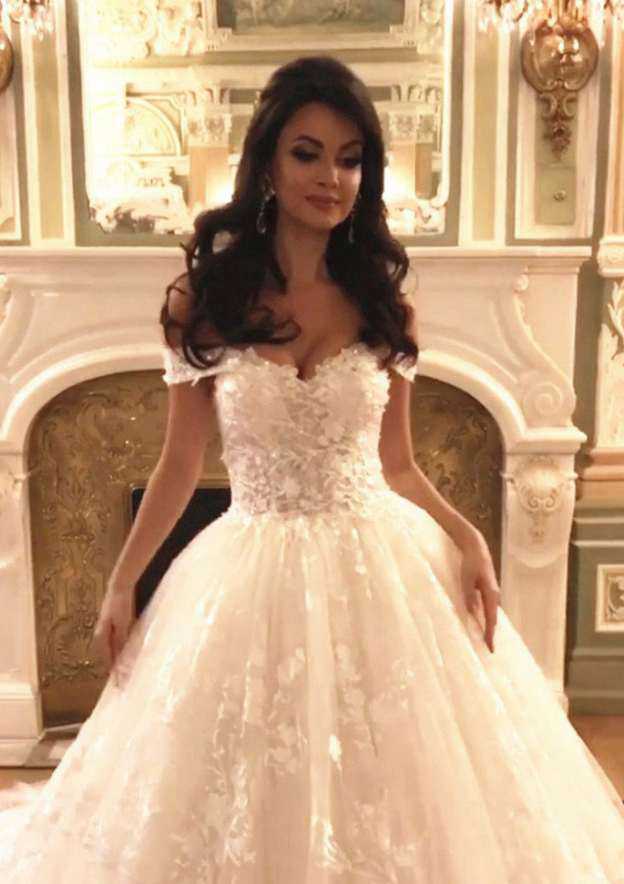 Beaded Off-The-Shoulder Lace A-Line/Princess Wedding Dress with Cathedral Train BM bride