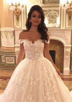 Beaded Off-The-Shoulder Lace A-Line/Princess Wedding Dress with Cathedral Train BM bride
