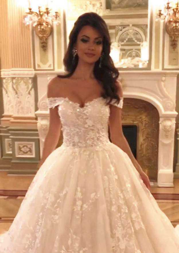 Beaded Off-The-Shoulder Lace A-Line/Princess Wedding Dress with Cathedral Train BM bride