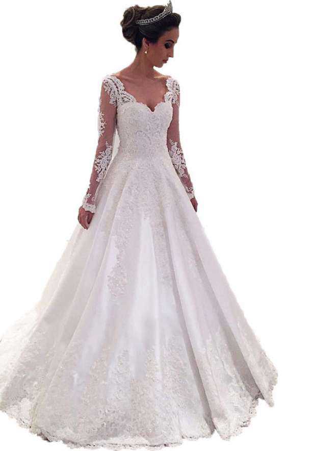 Appliqued Sweetheart Lace A-Line Wedding Dress with Court Train BM bride
