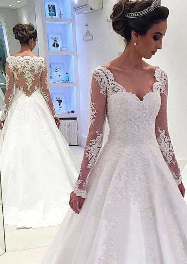 Appliqued Sweetheart Lace A-Line Wedding Dress with Court Train BM bride