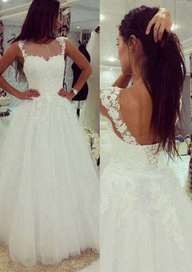 Appliqued Bateau Court Train Tulle Wedding Dress for A-Line Silhouette BM bride