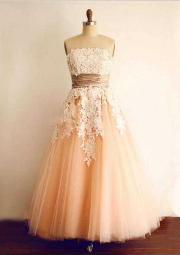 Appliqued Strapless Long Tulle Wedding Dress in A-Line Style BM bride