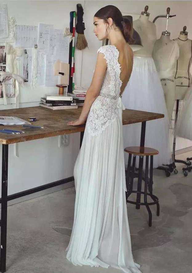 Beaded Lace V-Neck Long Chiffon Wedding Dress for A-Line Silhouette BM bride