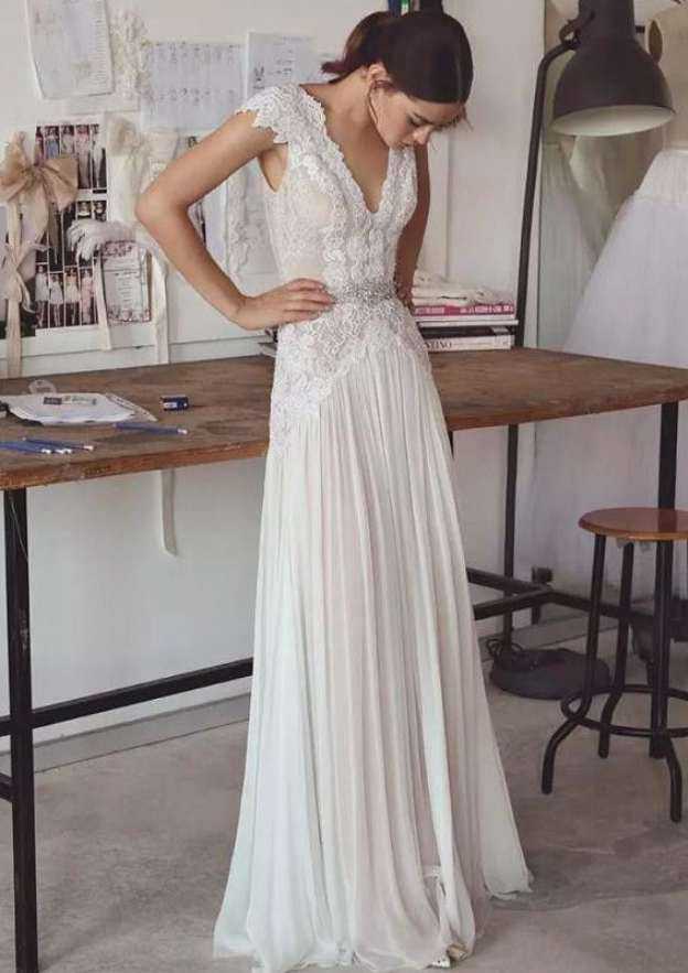 Beaded Lace V-Neck Long Chiffon Wedding Dress for A-Line Silhouette BM bride