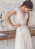 Beaded Lace V-Neck Long Chiffon Wedding Dress for A-Line Silhouette BM bride