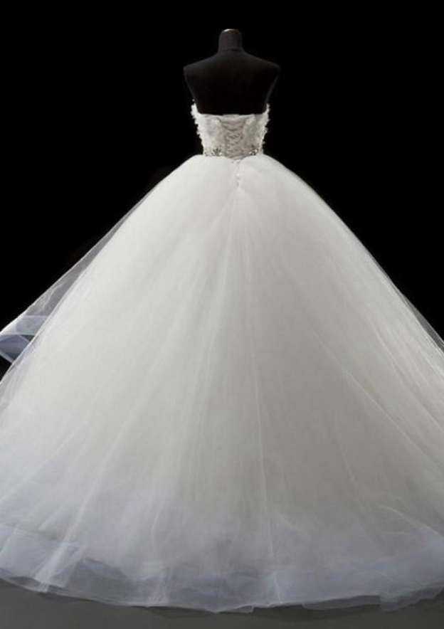 Elegant A-Line/Princess Organza Wedding Dress with Strapless Bodice and Beaded Court Train BM bride