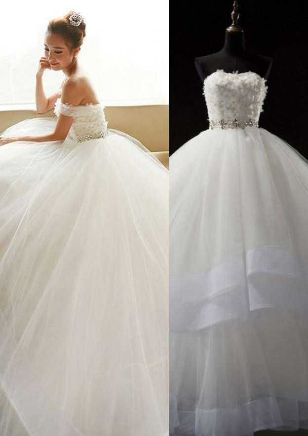 Elegant A-Line/Princess Organza Wedding Dress with Strapless Bodice and Beaded Court Train BM bride