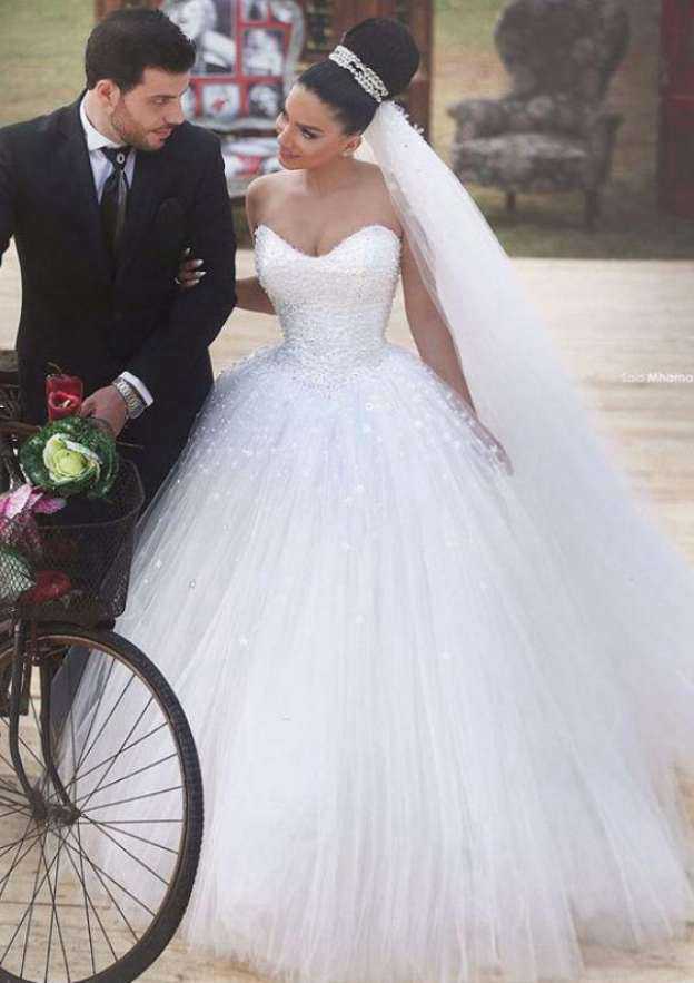 Sophisticated Ball Gown Tulle Wedding Dress with Strapless Bodice and Beaded Sweep Train BM bride
