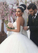 Sophisticated Ball Gown Tulle Wedding Dress with Strapless Bodice and Beaded Sweep Train BM bride