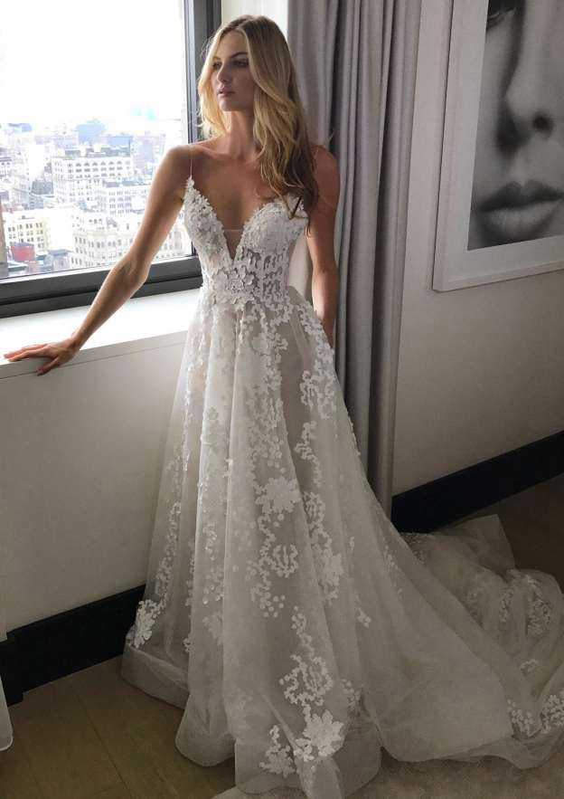 Elegant Lace A-Line/Princess Sweetheart Wedding Dress with Court Train and Pleated Details BM bride